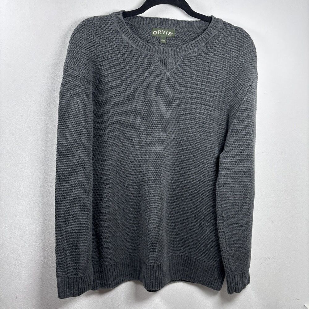 Orvis Men’s Large Gray Waffle Knit Cotton Crewneck Sweater Grandpa Core - Picture 10 of 11